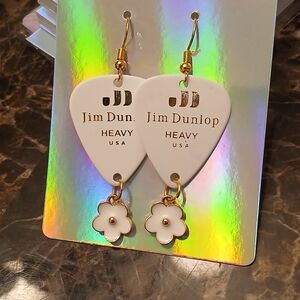 Jim Dunlop White Guitar Pick Earrings with Daisy Charms